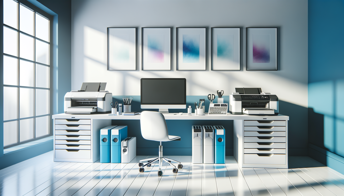 modern workspace with graphic equipment and printers in soft natural lighting