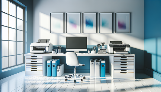 modern workspace with graphic equipment and printers in soft natural lighting
